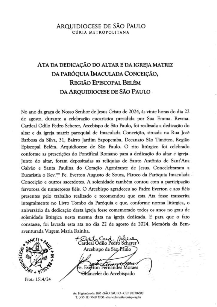 Na Região Belém, Cardeal Scherer dedica igreja e o altar da matriz da Paróquia Imaculada Conceição - Jornal O São Paulo