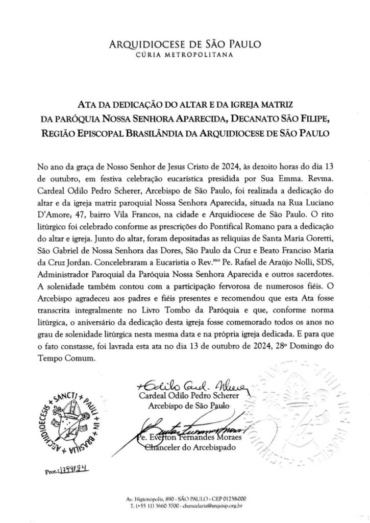 Na Vila Souza, Cardeal Scherer dedica a igreja e o altar da matriz da Paróquia Nossa Senhora Aparecida - Jornal O São Paulo