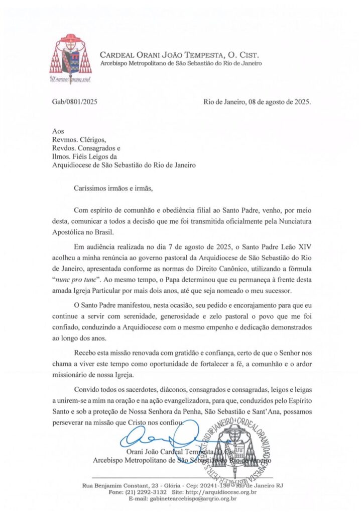 Leão XIV pede que Dom Orani permaneça Arcebispo do Rio de Janeiro por mais 2 anos - Jornal O São Paulo