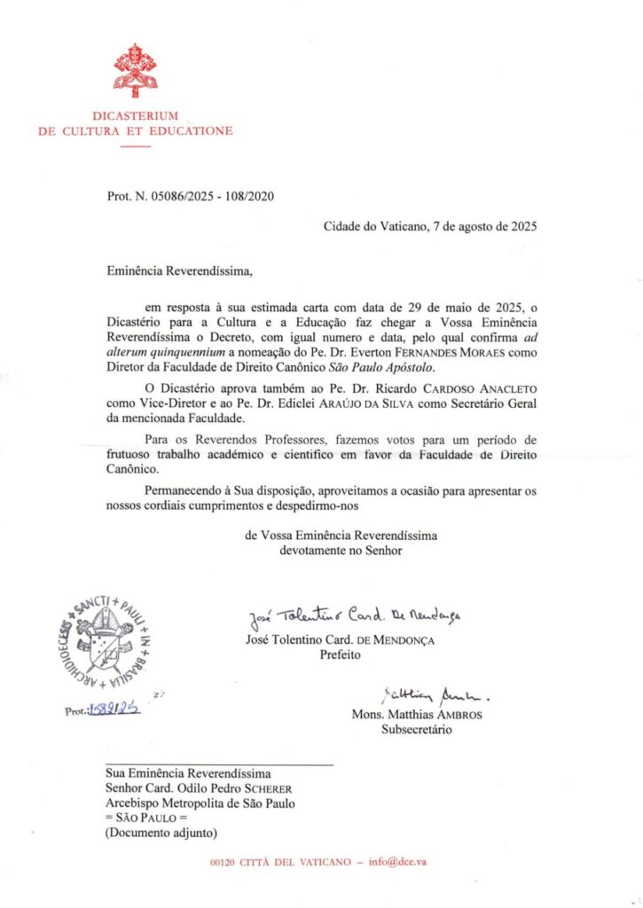 Diretoria da Faculdade de Direito Canônico tem nomeação renovada - Jornal O São Paulo