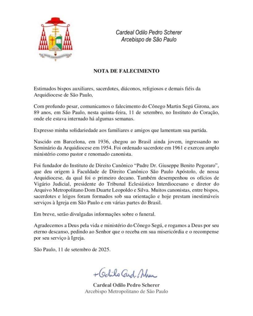 Morre, aos 89 anos, o Cônego Martin Segú Girona, canonista - Jornal O São Paulo