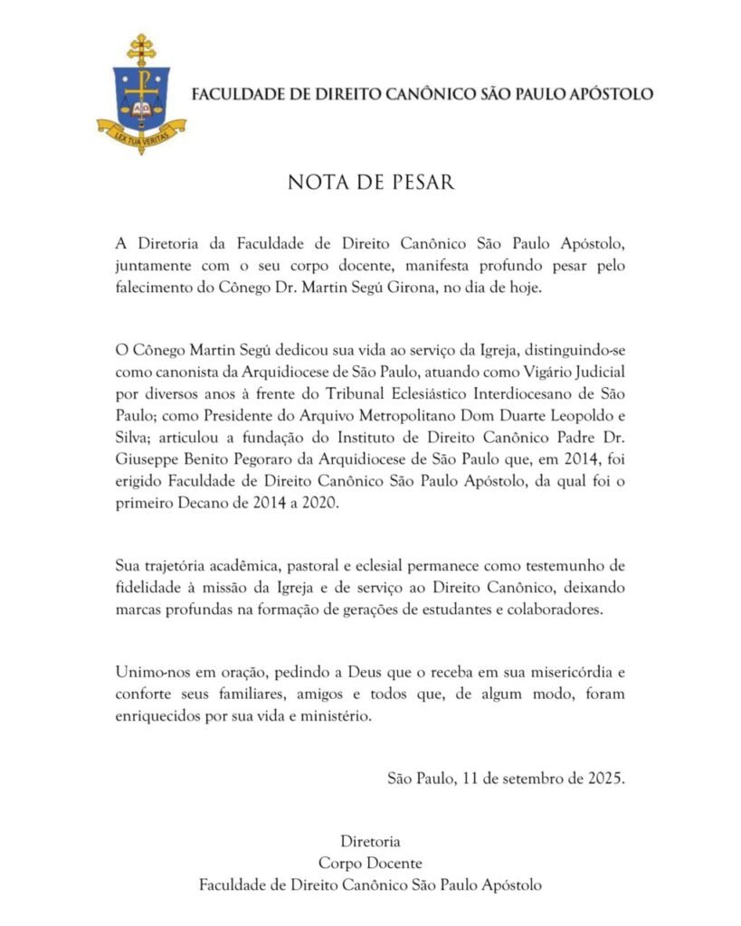 Morre, aos 89 anos, o Cônego Martin Segú Girona, canonista - Jornal O São Paulo